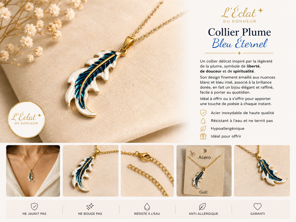 Collier femme plume bleue en acier inoxydable