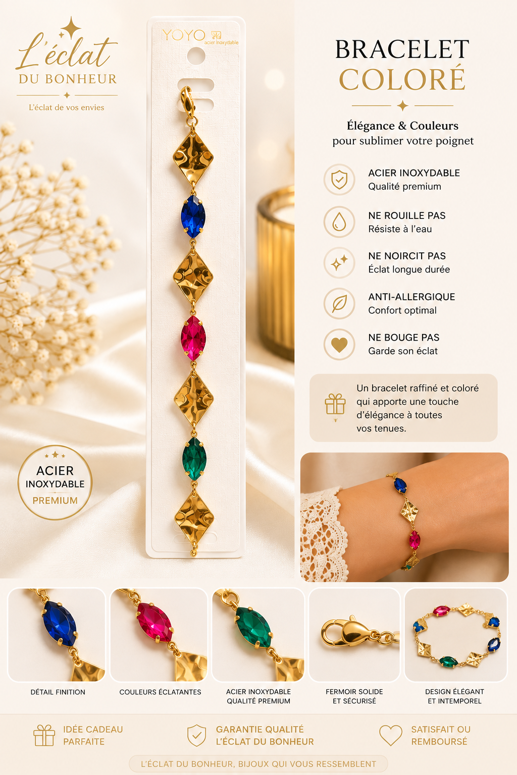 Bracelet femme doré à pierres colorées en acier inoxydable