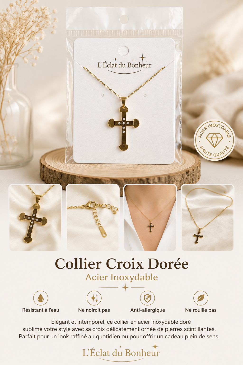 Collier femme croix dorée brillante en acier inoxydable