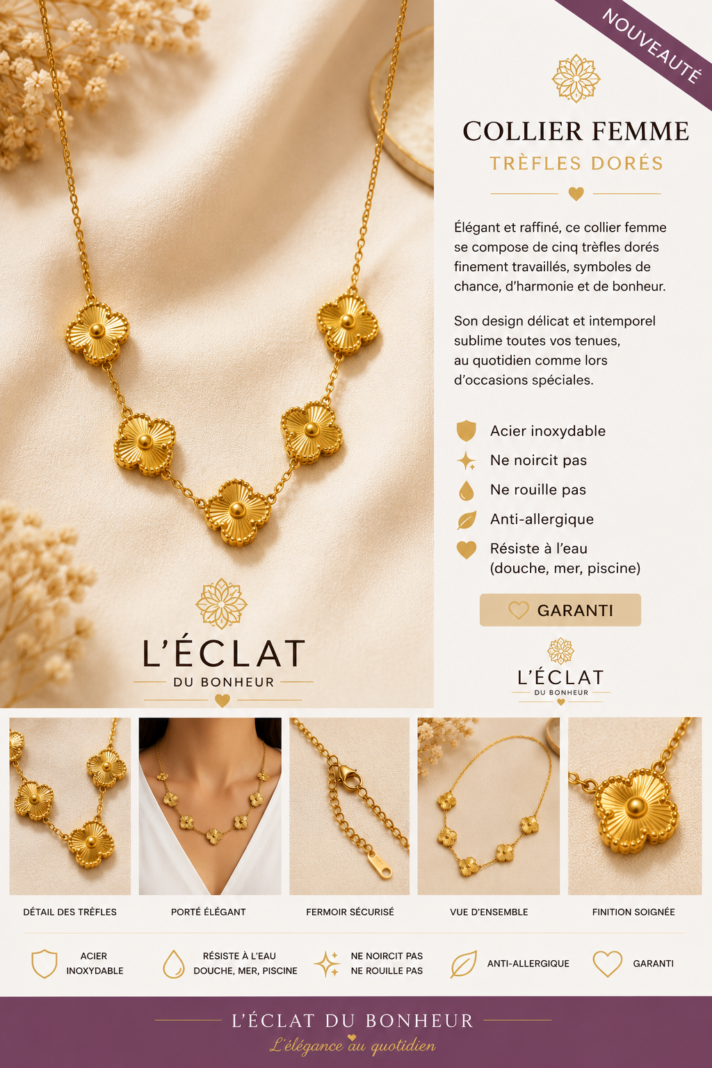 Collier femme cinq trèfles dorés porte-bonheur en acier inoxydable