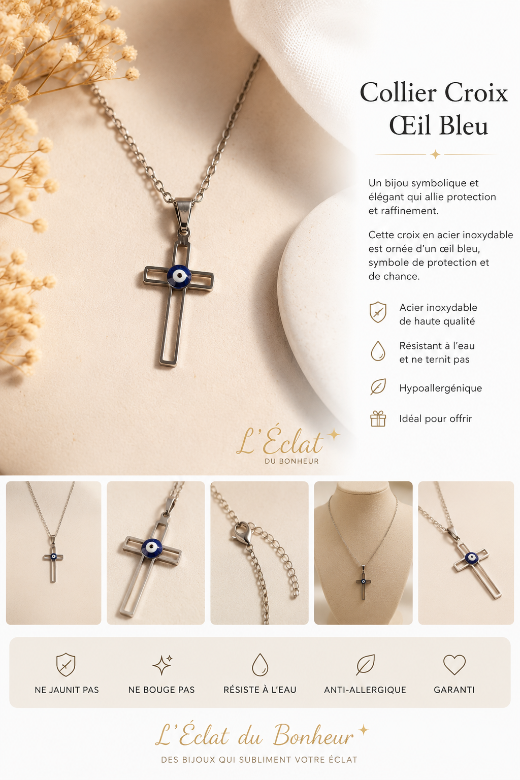 Collier femme croix noire avec œil bleu en acier inoxydable