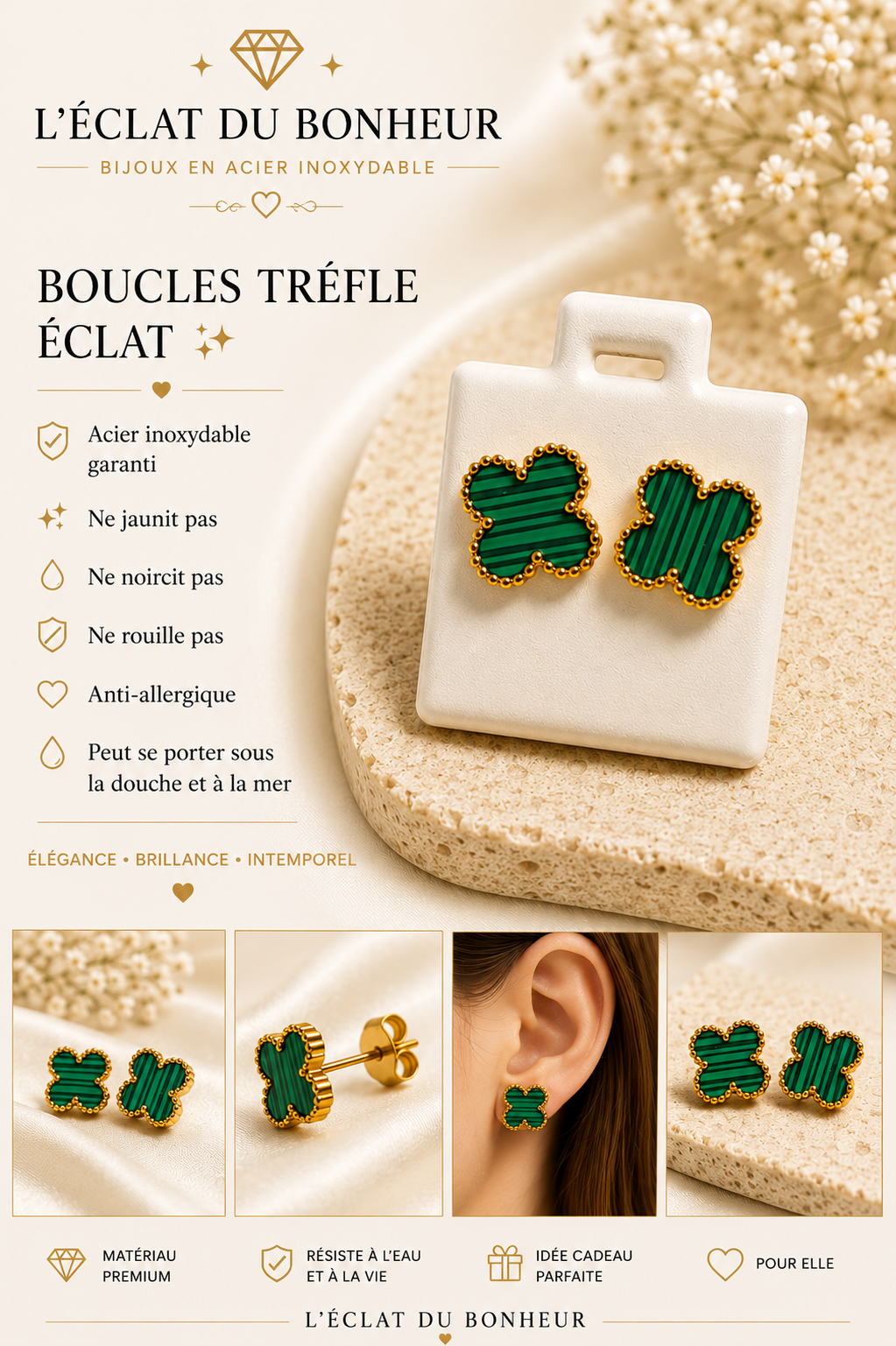 Boucles d'oreilles femme trèfle vert en acier inoxydable