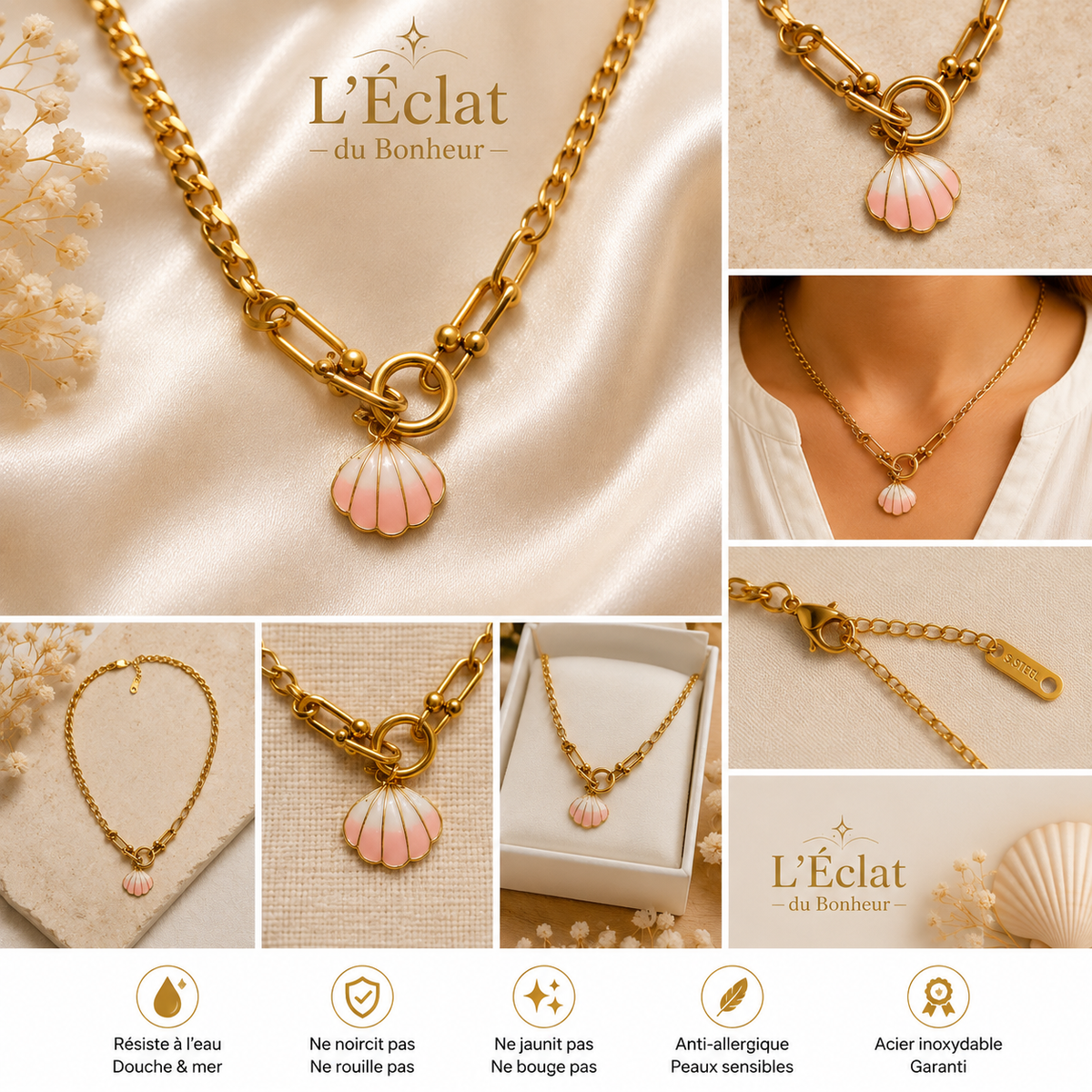 Collier femme coquillage rose en acier inoxydable