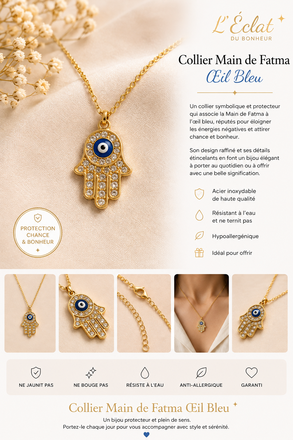 Collier femme Main de Fatma dorée avec œil bleu en acier inoxydable