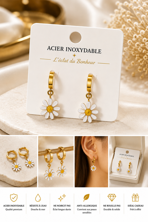 Boucles d'oreilles femme marguerite dorées en acier inoxydable