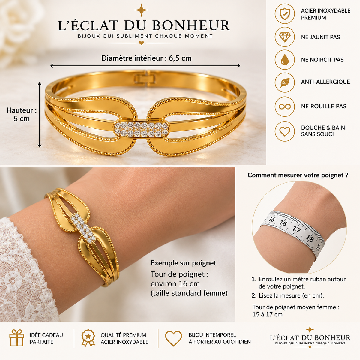 Bracelet Femme Double Anneau Doré en Acier Inoxydable