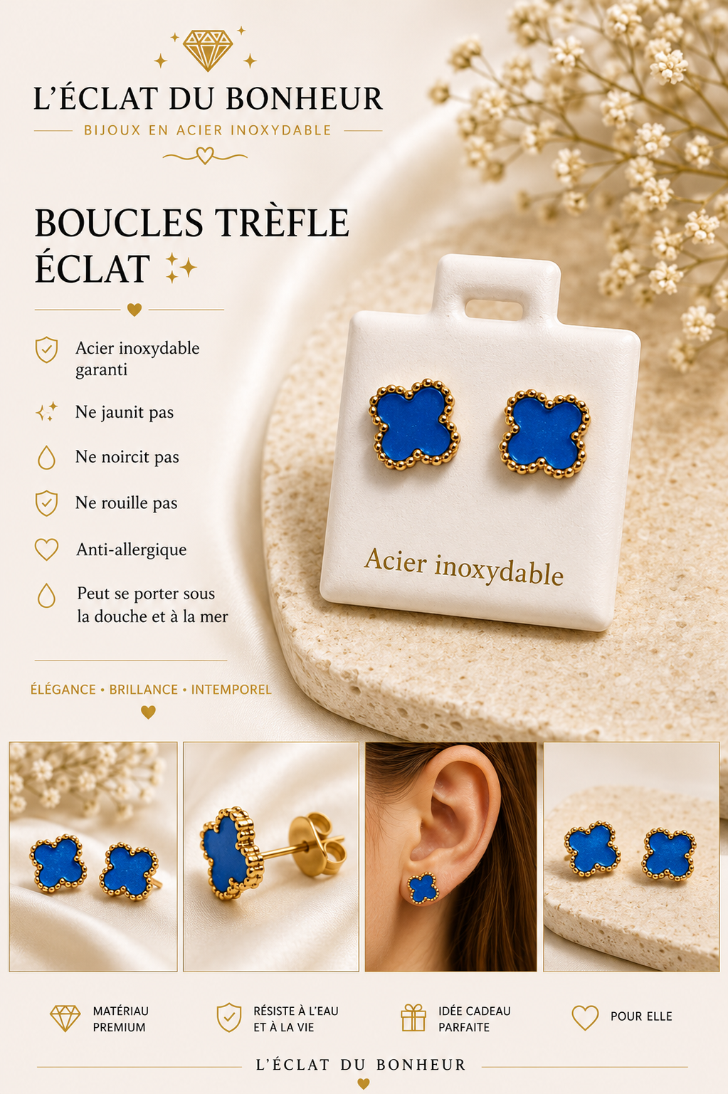 Boucles d'oreilles femme trèfle bleu petit modèle en acier inoxydable