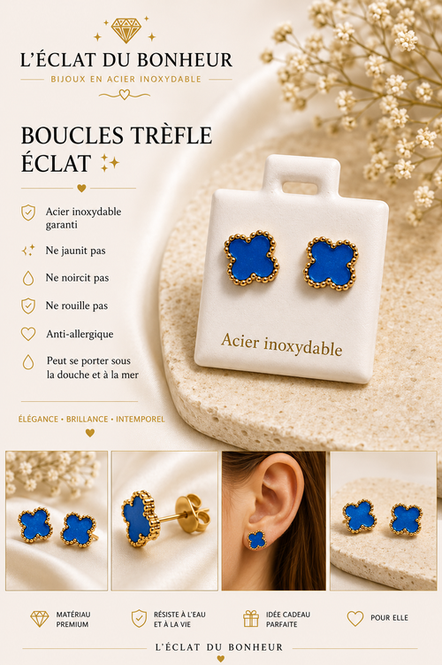 Boucles d'oreilles femme trèfle bleu petit modèle en acier inoxydable