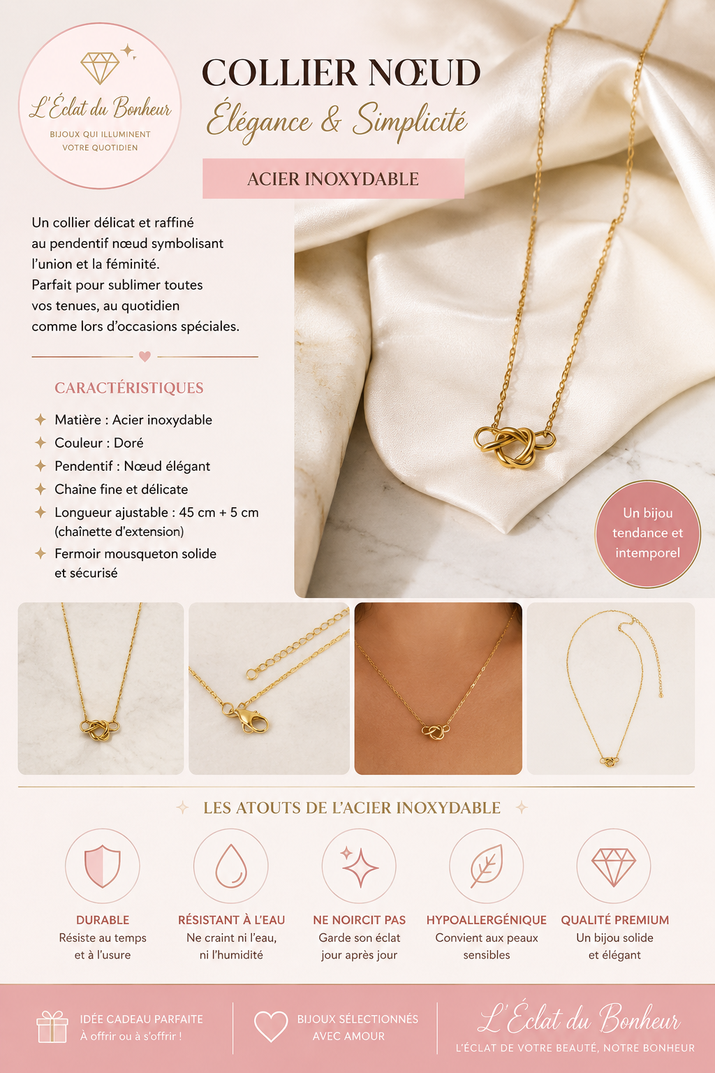 Collier femme nœud doré serti de zircons en acier inoxydable