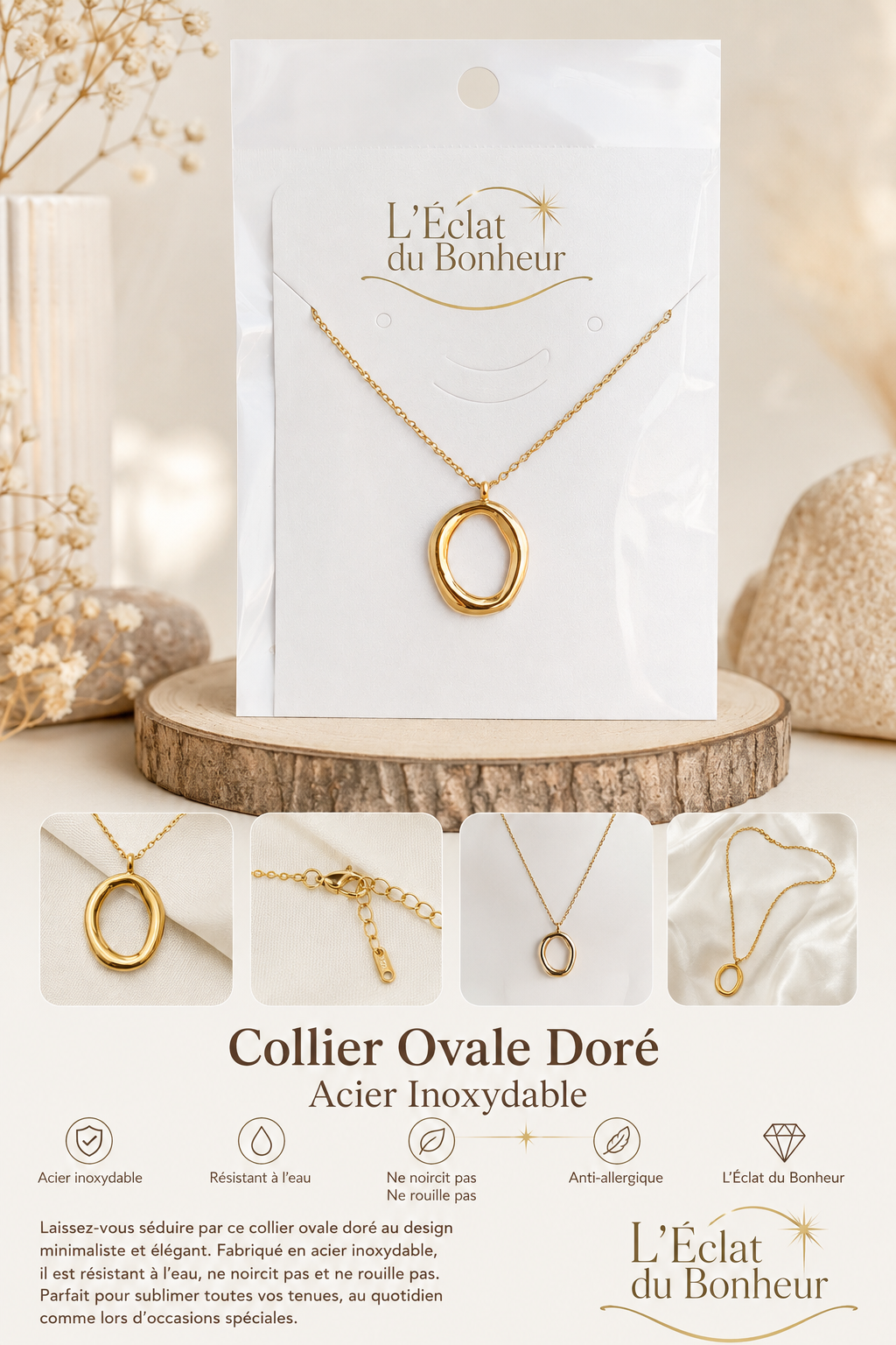Collier femme ovale doré minimaliste en acier inoxydable