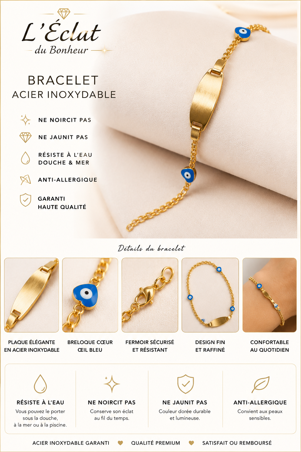 Bracelet femme œil bleu doré en acier inoxydable