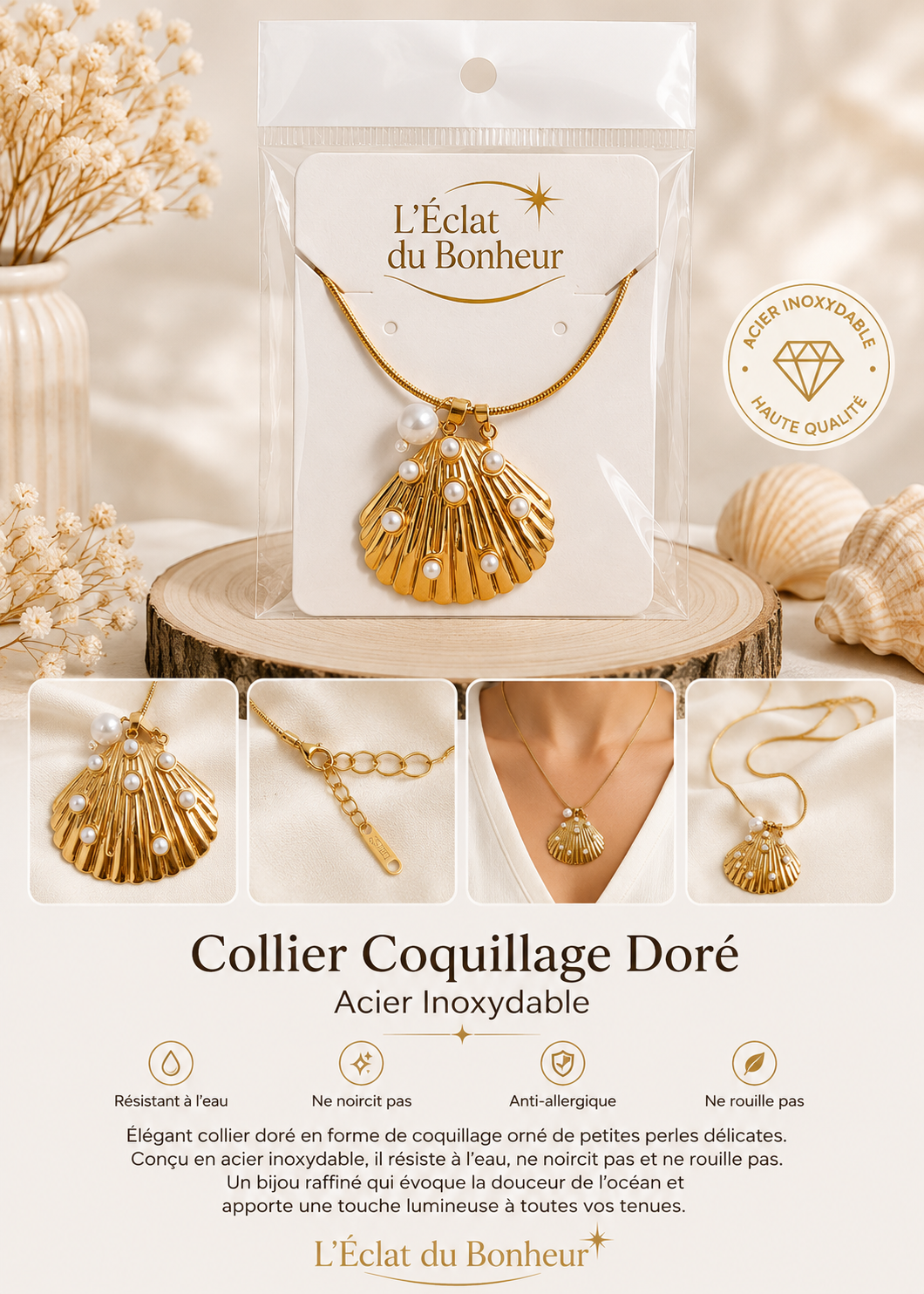 Collier femme coquillage doré en acier inoxydable
