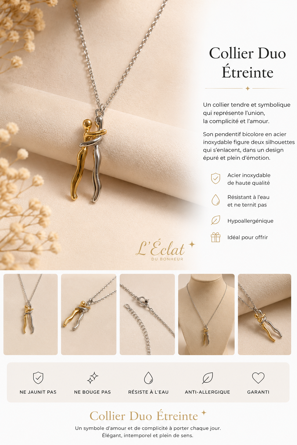 Collier femme couple enlacé bicolore en acier inoxydable