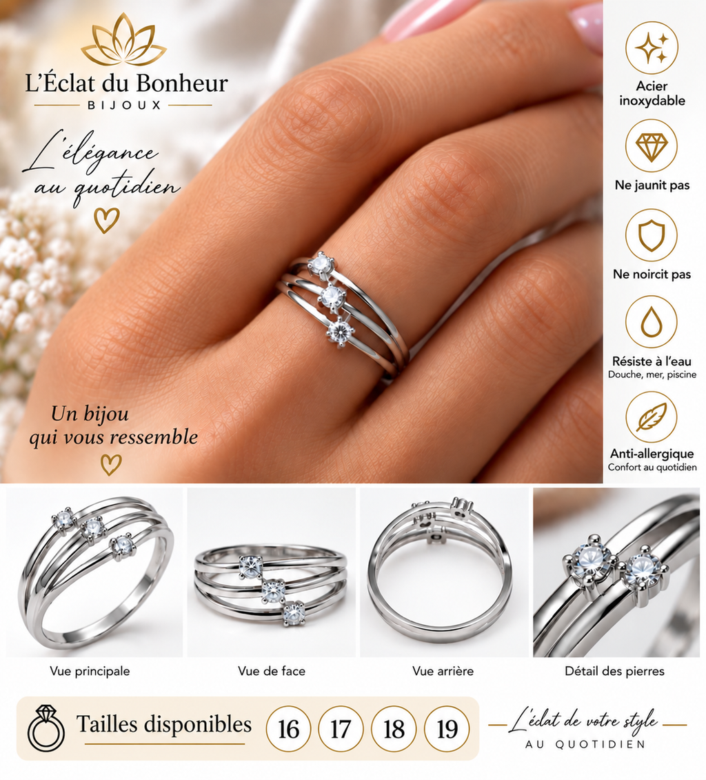 Bague femme triple anneau argentée en acier inoxydable