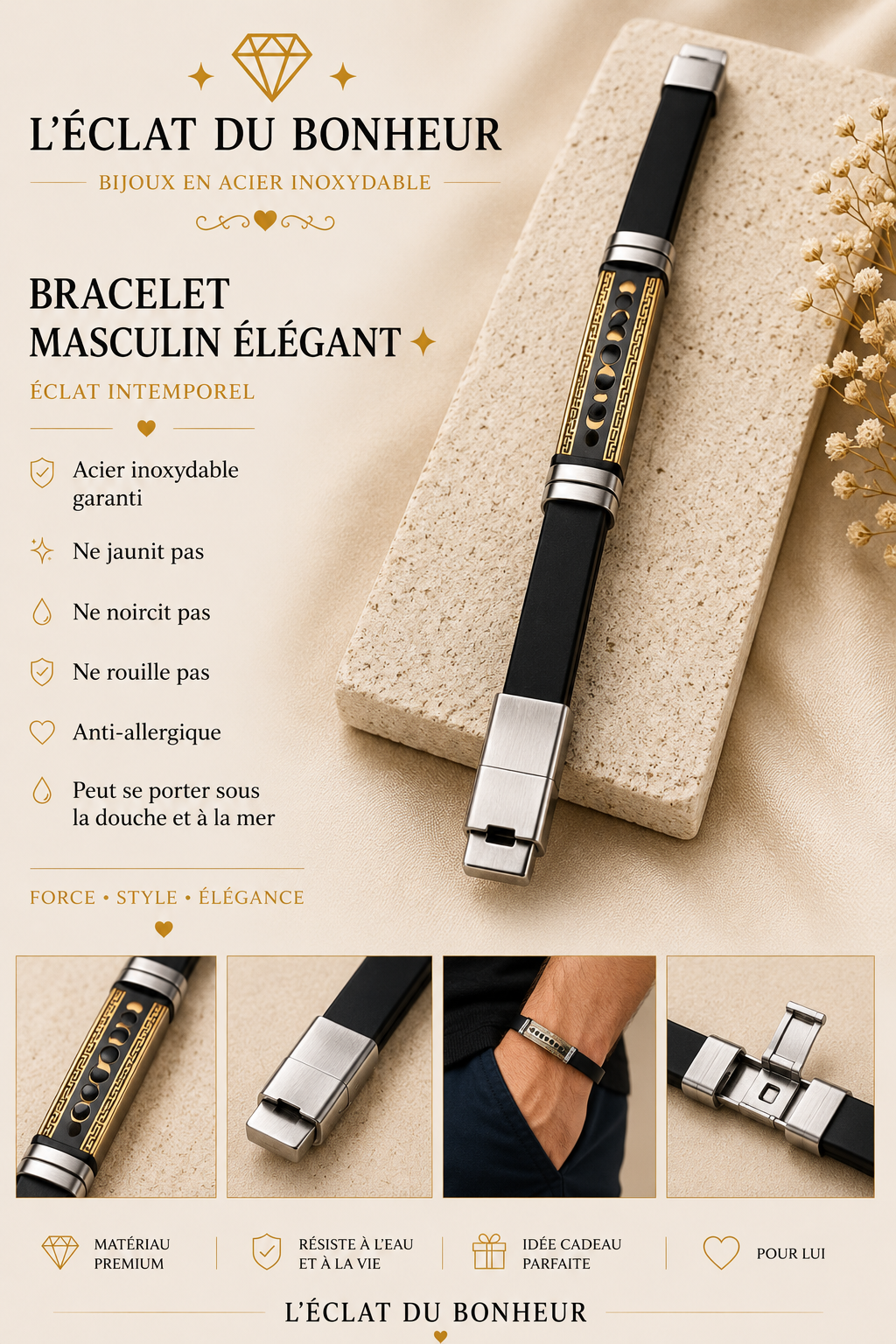 Bracelet homme silicone noir et plaque dorée gravée
