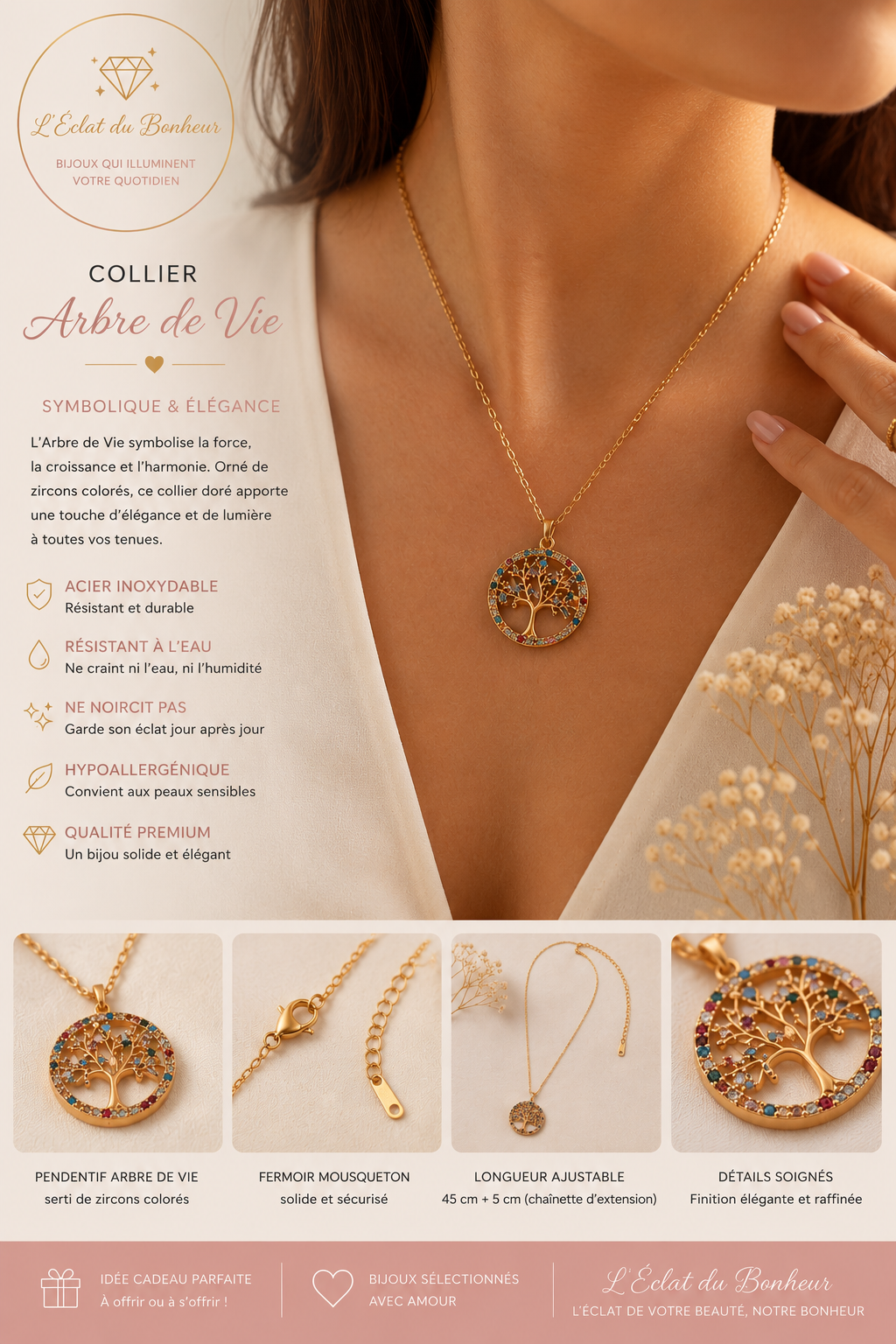 Collier femme Arbre de Vie doré en acier inoxydable