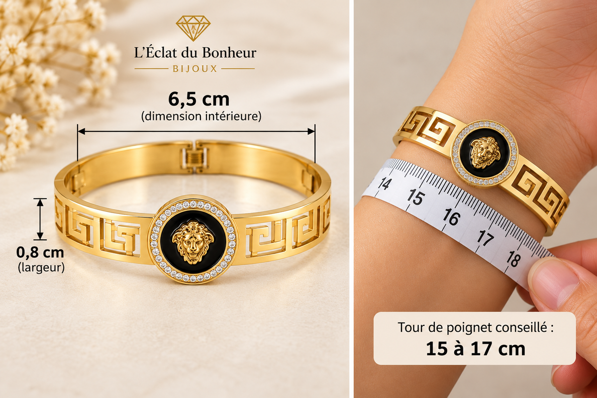 Bracelet Femme Jonc Doré à Médaillon Noir en Acier Inoxydable