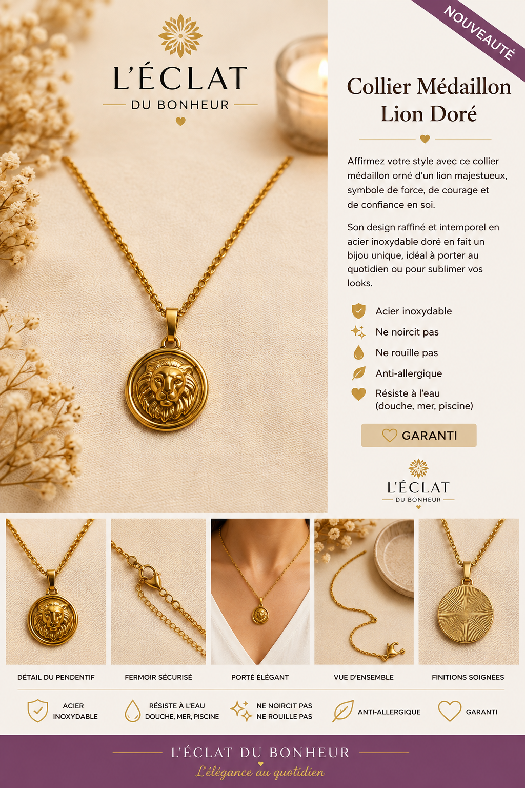 Collier femme médaillon lion doré en acier inoxydable