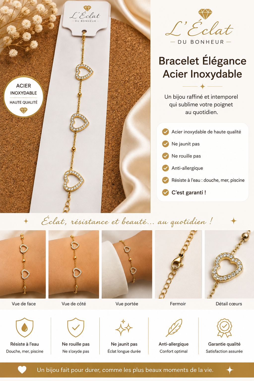 Bracelet femme doré à cœurs scintillants en acier inoxydable