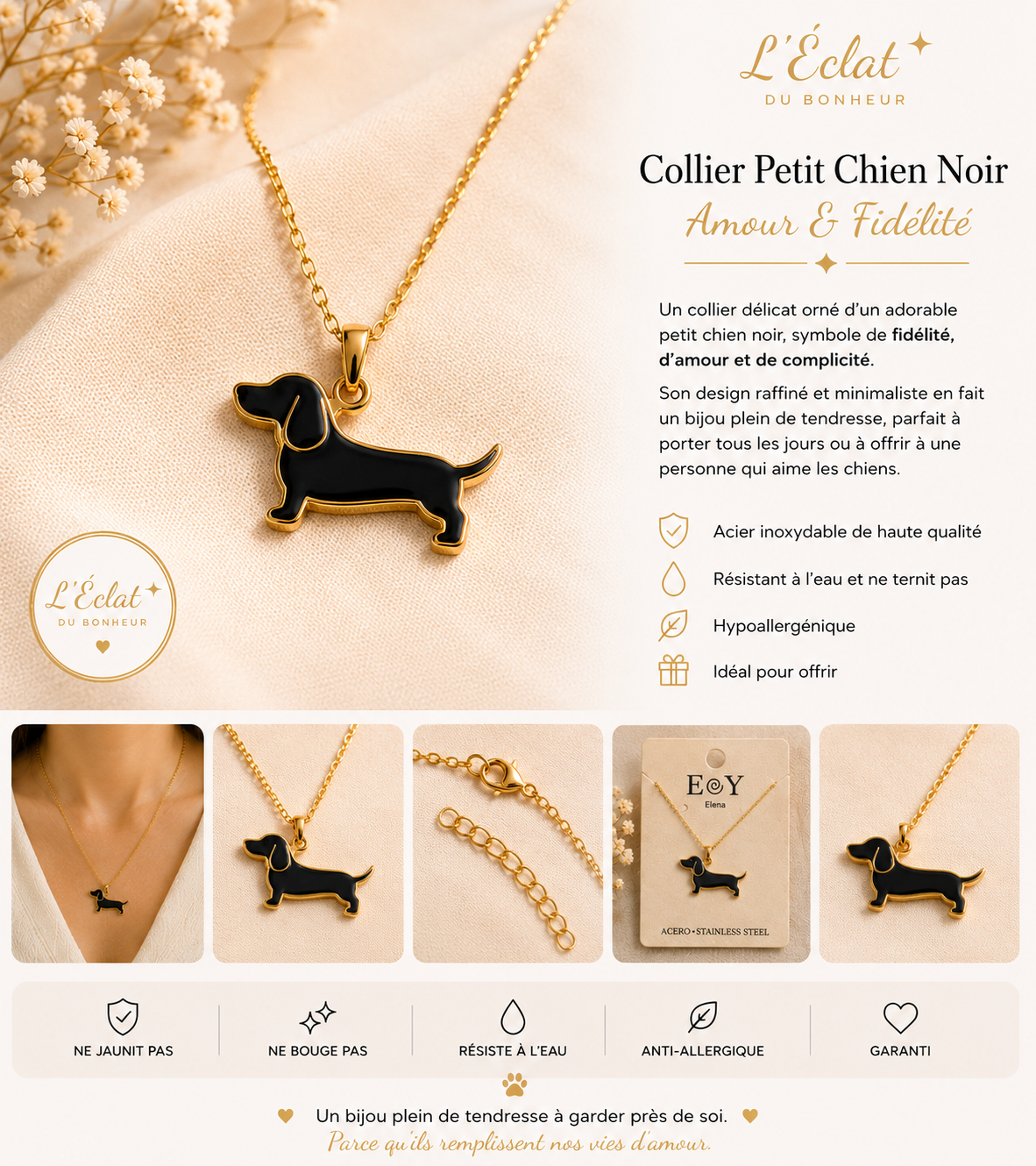 Collier femme chien doré et noir en acier inoxydable